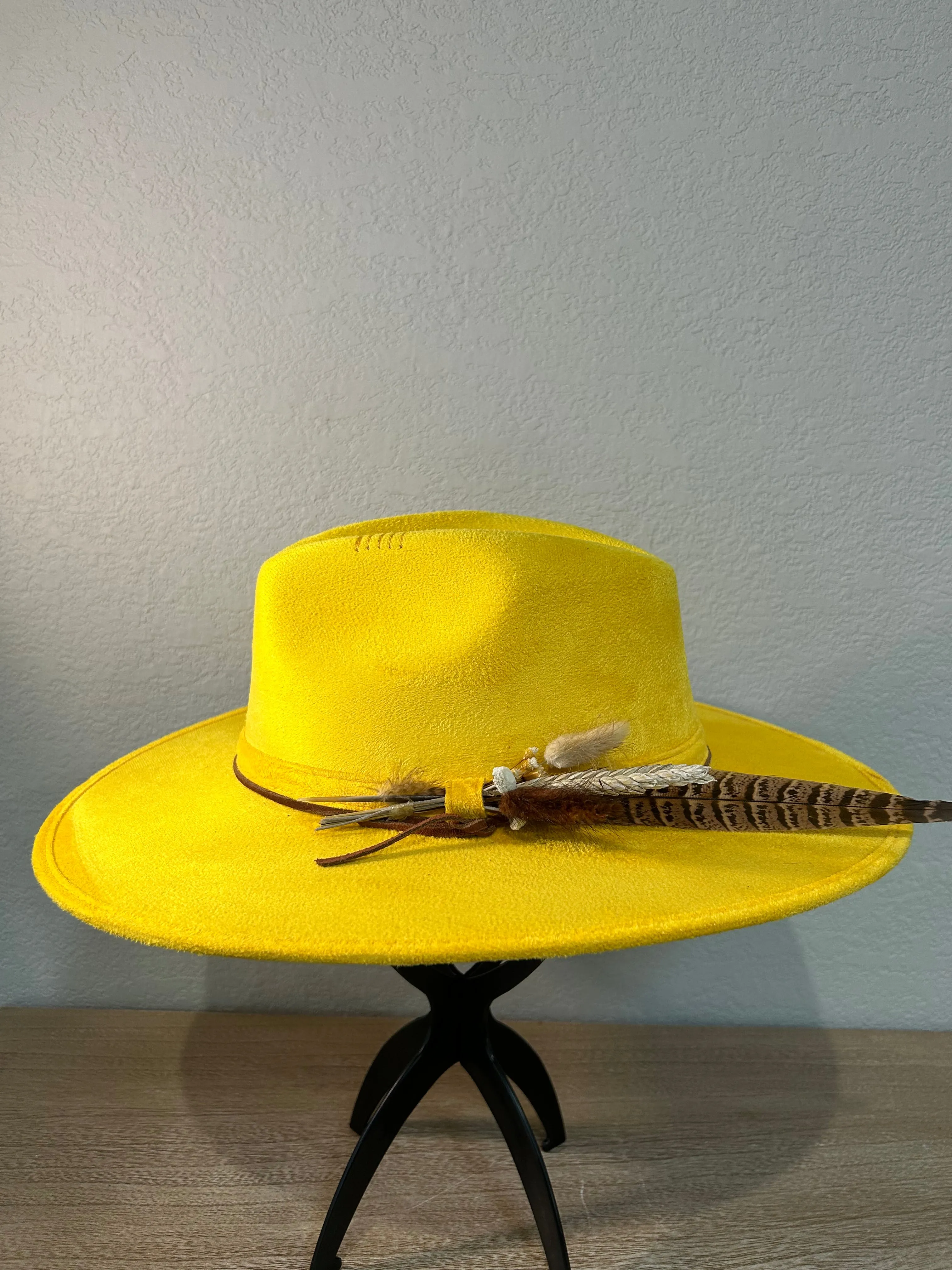 Yellow Fedora Hat (Under Brim Flowers)